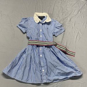 Ralph Lauren Girls Short Sleeve Button Down Striped Dress Blue White Size 4